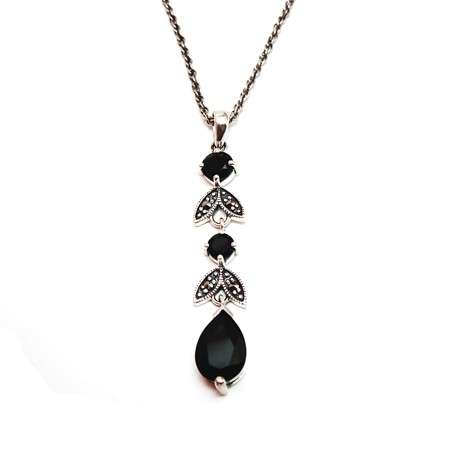 Black Onyx Leaf Marcasite Teardrop Necklace - Click Image to Close